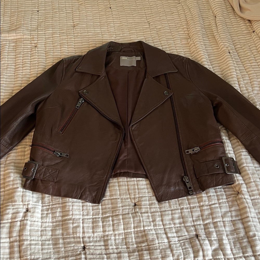 Asos Dark Brown Genuine Leather Biker Jacket